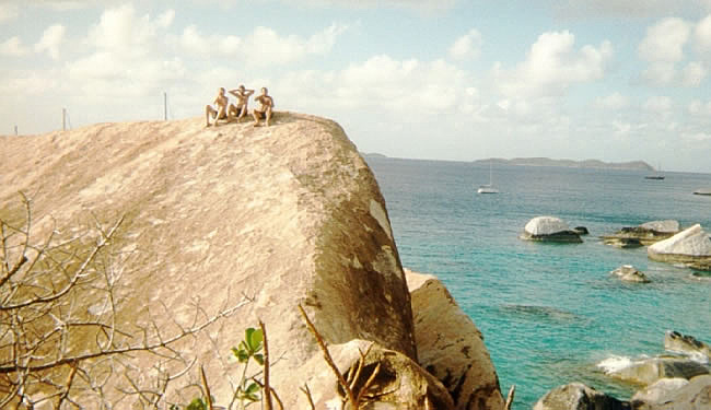 Ken, Mike and Jim on top of highest boulder at the Baths