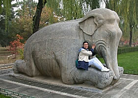 Anne with a stone elephant along the Sacred Way, Ming Tombs, Beijing