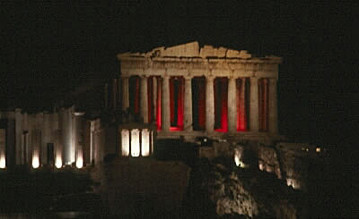 Parthenon at night with red